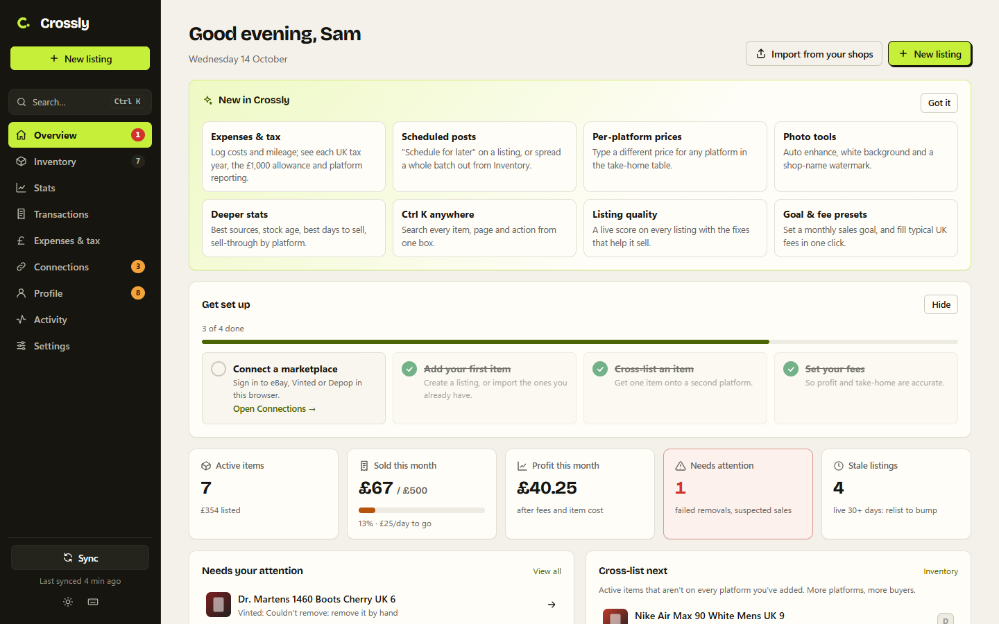 The Crossly dashboard: this month's sales, profit, items needing attention and what to cross-list next