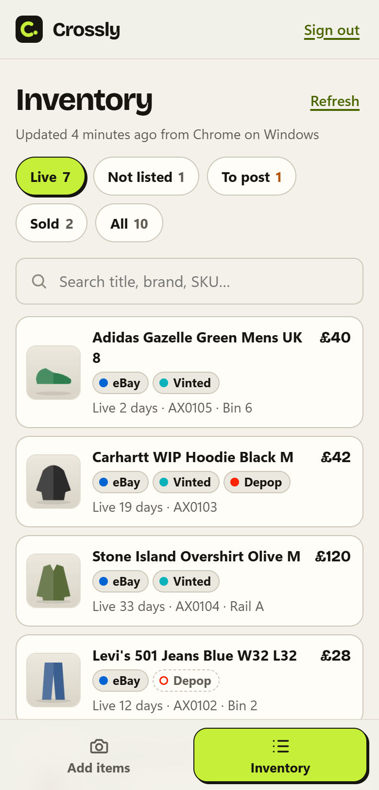Crossly's Inventory on a phone: items live on eBay, Vinted and Depop, with their prices and how long each has been listed