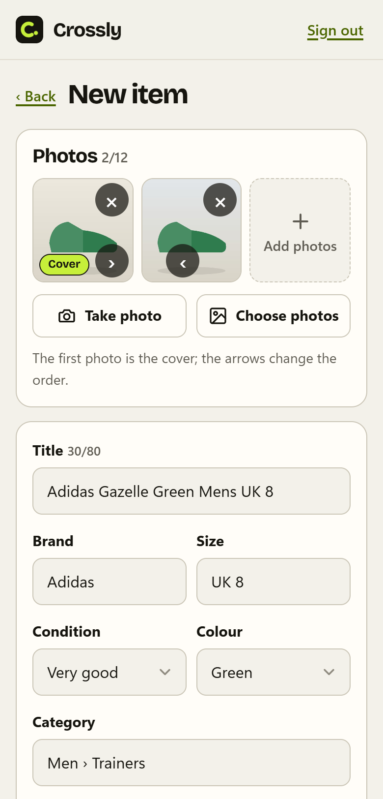 Crossly on a phone: a new item with two photos, its title, brand, size, condition, colour and category